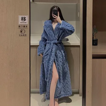 Mercan Polar Uzun Elbise Kimono Kıyafeti Kış Sıcak Pazen Gecelik Bornoz Rahat Pijama Samimi İç Çamaşırı Kalınlaşmak Gecelik