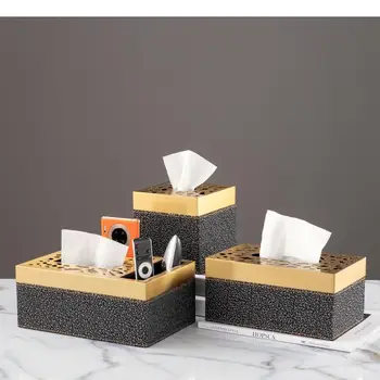 Metal deri doku kutusu kağit kutu Masaüstü depolama organizasyonu süsler Siyah baskı Kabartmalı altın içi boş Ev Dekorasyon