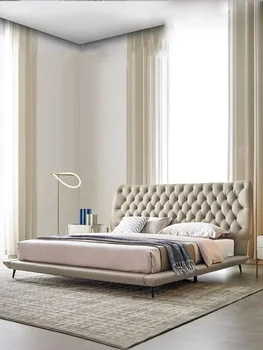 Minimalist, modern ve minimalist deri inek derisi çekme tokalı yumuşak yatak, lüks 1,8 metre çift kişilik yatak