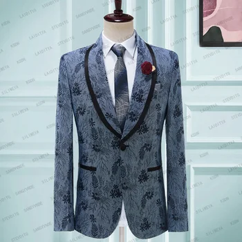 Moda Blazer Yeni Stil erkek Takım Elbise Düğün Ceket Jakarlı Kumaş Tek Göğüslü Şal Yaka Slim Fit Tek Parça