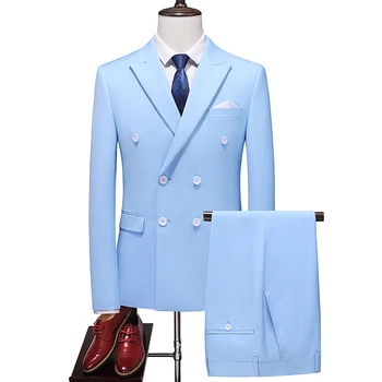 Moda Yeni erkek İş Kruvaze Düz Renk Takım Elbise Ceket / Erkek İnce Düğün 2 Parça Blazers Ceket Pantolon Pantolon