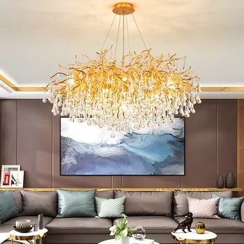 Modern Altın Krom Lüks Kristal Avize Oturma Odası Dekorasyon LED Avizeler Ev Aydınlatma Villa Su Damlası Kolye Lamba