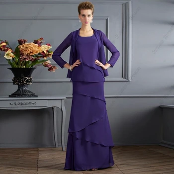 Mor Scoop anne Gelin Elbiseler Kadınlar için Şifon Tam Kollu Düğün Parti Elbiseler 2024 Yaz Yeni Robe De Soirée Fermuar