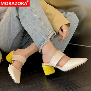 MORAZORA 2023 Yeni Moda Kadın Sandalet Yuvarlak Yüksek Topuklu Katır İnek Deri Bayan Yaz parti ayakkabıları