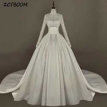 Müslüman Zarif Yüksek Boyun Pullu Aplikler Uzun Kollu Beyaz düğün elbisesi 2024 Balo Kat Uzunluk Sweep Tren gelin kıyafeti