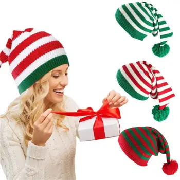 Noel Elf Santa Bere Örme Şapka Kırmızı Yeşil Şerit dantel şapka Merry Christmas Yetişkin Noel Hediyesi Mutlu Yeni Yıl 2024