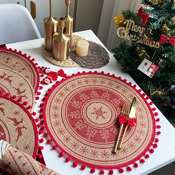Noel Retro Jüt Placemat Yuvarlak Baskılı Dokuma yemek masası Mat Yün Topu ile ısıya Dayanıklı Ev Dekoratif Kahve Fincanı Paspaslar
