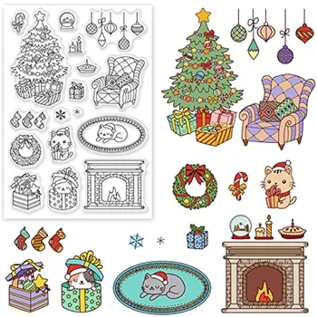 Noel Temalı Desen Temizle Pullar, Noel Ağacı/Şömine/Hediye/Noel Stocking/Kedi Desen Temizle Kauçuk Pullar için Kart