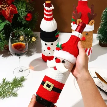 Noel şarap şişesi yatak örtüsü seti Santa Kardan Adam Dokuma şarap şişe çantaları Noel Partisi Yemek Masası Süslemeleri Yeni Yıl Hediyeleri