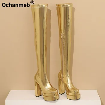 Ochanmeb Kadın Ultra Yüksek Topuklu OverKnees Çizmeler Altın Gümüş Kalın Platformu Tıknaz Goth Uzun Çizmeler Metalik Yeşil Fuschia Ayakkabı