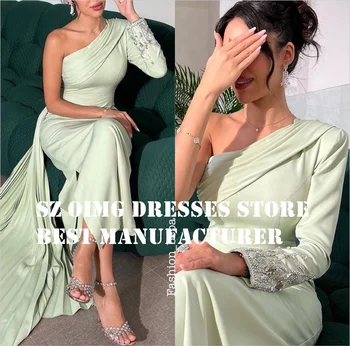 OIMG Balo Elbise Arapça Uzun Kollu Tek Omuz Yeşil Kristaller Dantelli Kılıf Saten Kadın Abiye giyim Örgün Parti Elbise