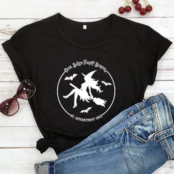 Olde Salem Uçuş Okulu T-shirt Estetik Witchy Kadın Grafik Tshirt Komik Kadın Cadılar Bayramı Partisi Tee Gömlek Üst