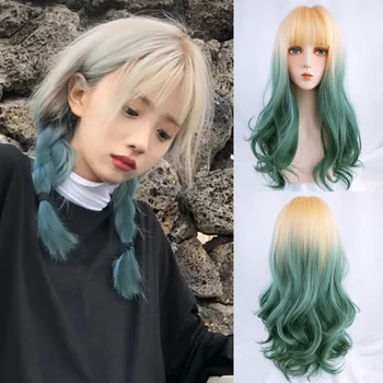 Ombre Sarışın Yeşil Karışık Uzun Sentetik Dalgalı Peruk Lolita Cosplay Kabarık Kadın Saç İsıya Dayanıklı Peruk Günlük Parti için