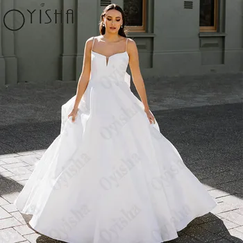 Oyısha Basit V Yaka Kolsuz Gelin Kıyafeti Backless Yay Saten düğün elbisesi Spagetti Sapanlar A-Line Vestido De Novia Custom Made