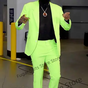 Parlak Floresan Yeşil Moda Erkek Takım Elbise Slim Fit Resmi Damat Balo Smokin Rahat Balo Parti Wedding2Pieces Setleri (Ceket + Pantolon)