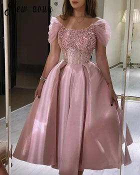 Pembe Prenses Midi Uzun Balo Elbise Kapalı Omuz Boncuklu Parlak Akşam Partisi Törenlerinde Kabarık Düğün Töreni Elbise Dubai Custom Made