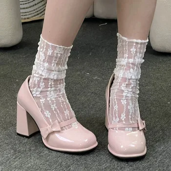 Pembe Yay Dekorasyon Tıknaz Topuk Yüksek Topuk Mary Jane Ayakkabı Moda Rahat Ziyafet kadın ayakkabısı