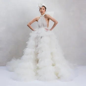 Peri Halter Tül Balo Kabarık Beyaz Kadın Giysileri Astarsız Custom Made Zarif düğün elbisesi Yemyeşil Katmanlı Gelin Gitmek