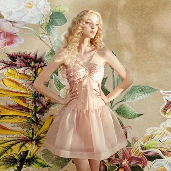 Peri Sling Kısa Tül Elbise Güzellik Mini Homecoming Parti Törenlerinde Çiçek Aplikler Yaz Elbiseler Spagetti Kayışı Doğum Günü Elbisesi