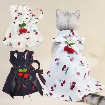 Pet Etek Kürk top dekorasyon Kedi Etek Sevimli İlmek Kiraz Baskı Pet Elbise Kedi Köpek yaz elbisesi Kravat ile Pet Malzemeleri