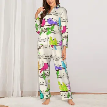 Pijama Kadın Mutlu Müzik Uyku Pijama Renkli Müzikal Kuşlar 2 Adet Pijama Setleri Uzun Kollu Romantik Büyük Boy Ev Takım Elbise