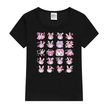 Piyanist Çocuklar Kız Karikatür Sevimli Pembe Tavşan Baskı İşlemeli Kısa Kollu Kawaii Tavşan Çocuk rahat yakalı tişört