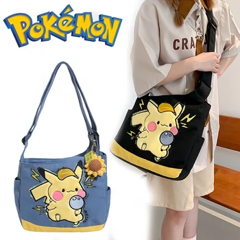 Pokemon Pikachu kanvas postacı çantası Gençlik Moda omuzdan askili çanta Öğrenci Büyük Kapasiteli Crossbody Çanta Paket Erkek Kız Anime