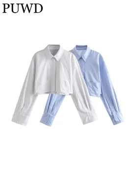 PUWD Kadın Moda Düz Renk Bluz 2023 Bahar Vintage Polo Boyun Uzun Kollu Tek Göğüslü Kadın Gömlek Şık