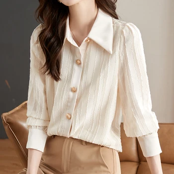 QOERLİN Doku şifon bluz Ofis Kadın Gömlek Uzun Kollu Casual Tops Kore Tek Göğüslü Gevşek Bluzlar Kadın Giyim
