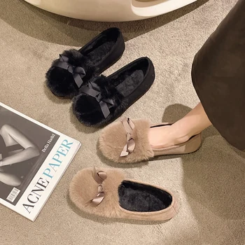 Rahat Kadın Ayakkabı Loafer'lar Kürk Sonbahar Yumuşak Yay-Düğüm Yuvarlak Ayak Kadın Ayakkabı Sonbahar Yaz Yeni Kelebek Mokasen Kış Elbise Sli