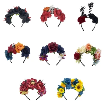 Renkli simüle çiçek ve kafatası Hairband ince yan Cadılar Bayramı kafa bandı kız için