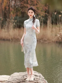 Retro Çin El Yapımı Düğmeler Mandarin Yaka Çiçek Baskılı Saten Cheongsam kadın Kısa Kollu Qipao Akşam Elbise