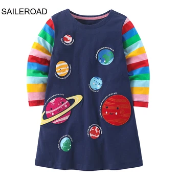 SAILEROAD 2-7 Yıl Elbiseler Çocuk Uzun Kollu Gezegenler Elbise Kıyafet Bebek Kız Prenses Gökkuşağı Elbise Pamuk Çocuk Giysileri