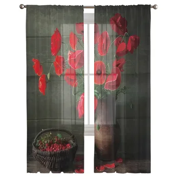 Sanat Kırmızı Çiçek Vazo Natürmort Sırf Perde Oturma Odası Yatak Odası için Vual Örtü Mutfak Pencere Tül Perdeler Ev Essentials