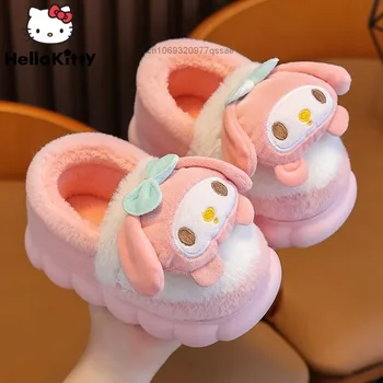 Sanrio Cinnamoroll Kuromi Melodi Hello Kitty 3D Karikatür pamuk terlikler Kapalı Topuk ile Sevimli Aile Peluş ve Sıcak Ev Ayakkabıları