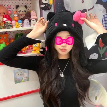 Sanrio Hello Kitty Sevimli Karikatür Siyah Pembe kadın Şapka Kış Moda Sıcak Peluş Rüzgar Geçirmez kulak koruyucu şapka Kızlar için Hediyeler