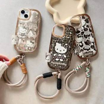 Sanrio Hello Kitty Telefon Kılıfı için iPhone 15 14 13 12 PromaX 11 Deri Leopar Baskı Anti-Fall Cep Telefonu Koruyucu Kılıf Hediye