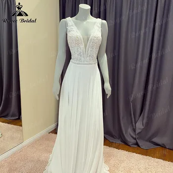 Seksi Dalma Derin V Boyun Dantel Korse Şifon Boho düğün elbisesi Kadınlar için 2024 Plaj gelin kıyafeti vestidos de noiva Roycebridal