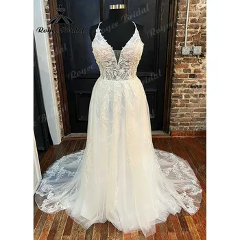 Seksi Dantel Aplikler Bir Çizgi Boho V Boyun Spagetti Sapanlar düğün elbisesi 2023 Gelinlikler Custom Made Aç Geri vestidos de novia