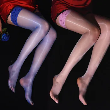 Seksi Kadınlar 1D Şeffaf Parlak Çorap Antiskid Silikon Dantel Üst Kalmak Uyluk Yüksek Diz Üzerinde Çorap Medias De Mujer