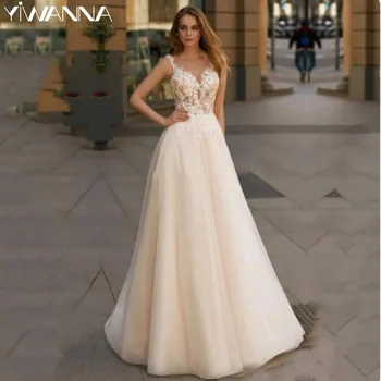 Seksi V Yaka Kolsuz düğün elbisesi Klasik Dantel Aplikler Elbise Gelin Zarif A-line Uzun gelin kıyafeti Robe De Mariée