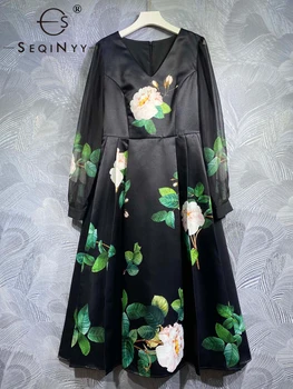 SEQINYY Siyah Midi Elbise Yaz Bahar Yeni Moda Tasarım Kadın Pist Vintage Pembe Çiçek Baskı A-Line Yüksek Sokak Rahat