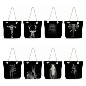 Serin Leopar Zebra Alışveriş Çantaları Hayvan Baskı Çanta Kadınlar İçin Keten omuzdan askili çanta Kadın Yüksek Kapasiteli Siyah Casual Tote Çanta