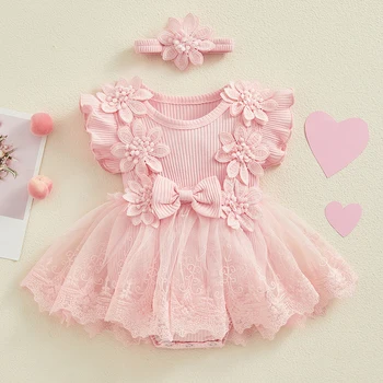 Sevimli Bebek Kız Örgü Dantel Patchwork Fırfır Prenses Romper Elbise Bandı Tatlı Kızlar Yaz Yay Çiçek Bodysuits Elbise Kıyafetler