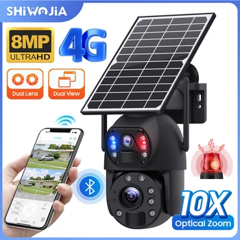 SHIWOJIA 4K 8MP Güneş Kamera 4G SIM 10X Optik Zoom wifi güvenlik kamerası Açık İnsansı İzleme Gözetim Gece Görüş