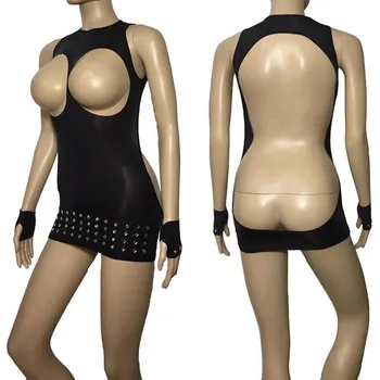 Siyah Cupless Backless Rhinestone Bodycon Mini Elbise Eldiven ile Açık Popo Açık Göğüs Fetiş Seksi iç çamaşırı seti