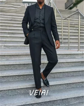 Siyah Erkek Takım Elbise 2 Adet (Ceket + Pantolon) kostüm Homme Doruğa Yaka Tek Göğüslü Düğün takım elbise terno masculino