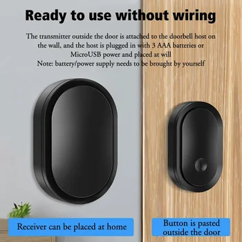 Siyah Ev Su Geçirmez USB veya Akülü Kablosuz Kapı Zili 300M Akıllı Ev kapı zili Chime Kiti LED Flaş Güvenlik Alarmı