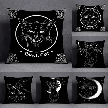 Siyah Kedi Koleksiyonu Desen Dekoratif Yastık Kılıfı, Kare Yastık Kılıfı, Ev Ofis Mobilyaları Yastık Kılıfı Estetik
