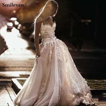 Smileven Bohemian düğün elbisesi 2021 Sevgiliye Boyun 3D Çiçek Aplikler gelinlikler Backless Vestido De Noiva LORİE tarzı